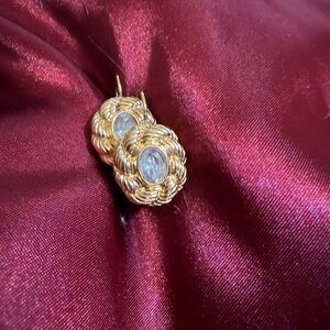 Vtg Avon Gold Tone Rope Swirl Earrings Oval Crystal Faceted Cabochon Leverback